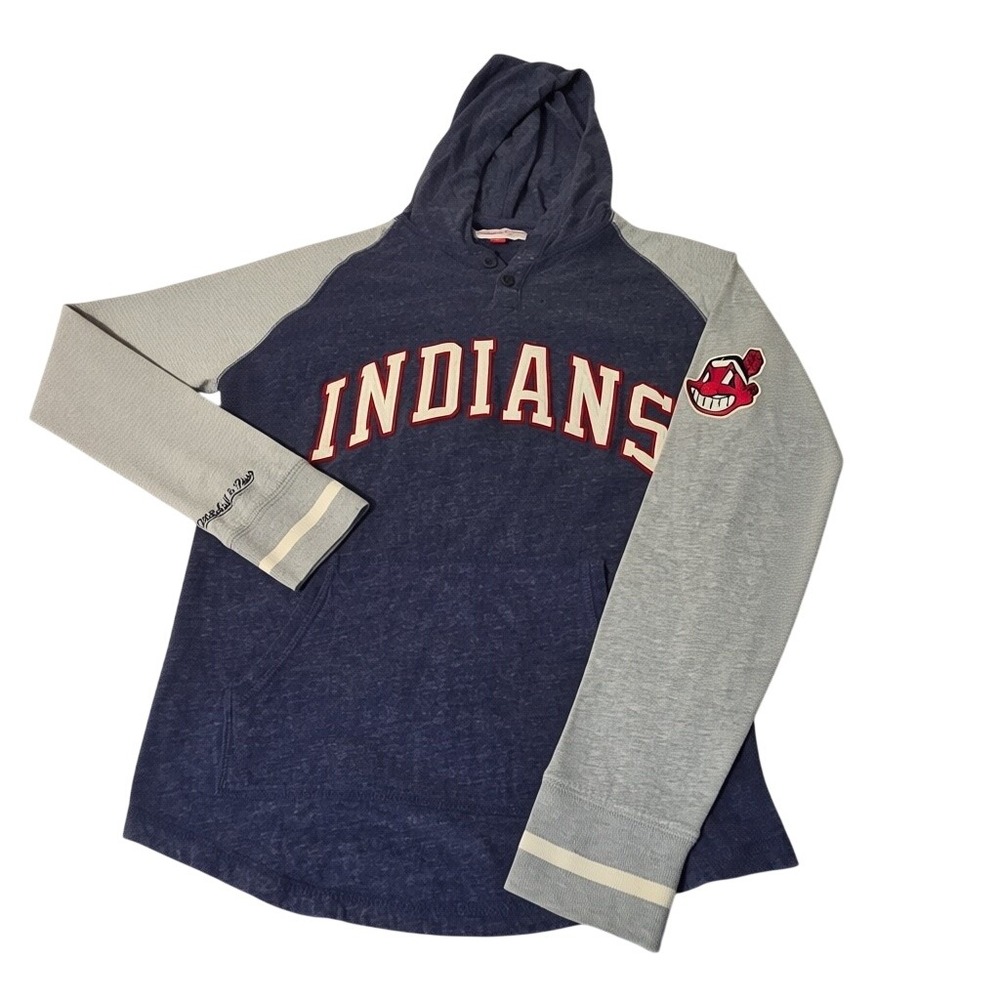 Cleveland‎ Indians Chief Wahoo Hoodie Mens Medium Navy Grey Henley Raglan MLB